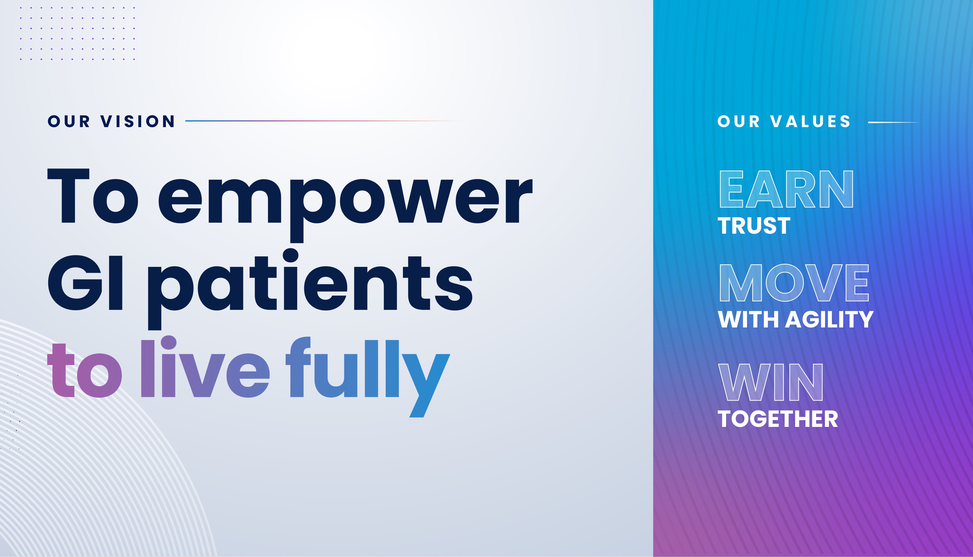 Our vision: to empower GI patients to live fully. Our values: earn trust, move with agility, win together.